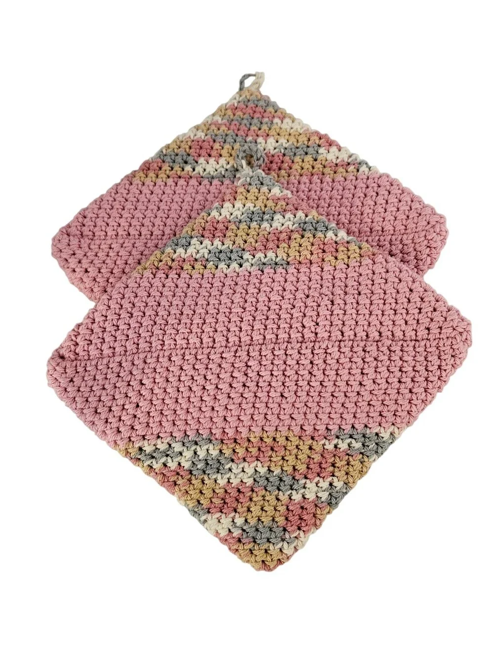 Crochet Potholder Set: Antique Pink With Rosy Cheeks Contrast Stripe